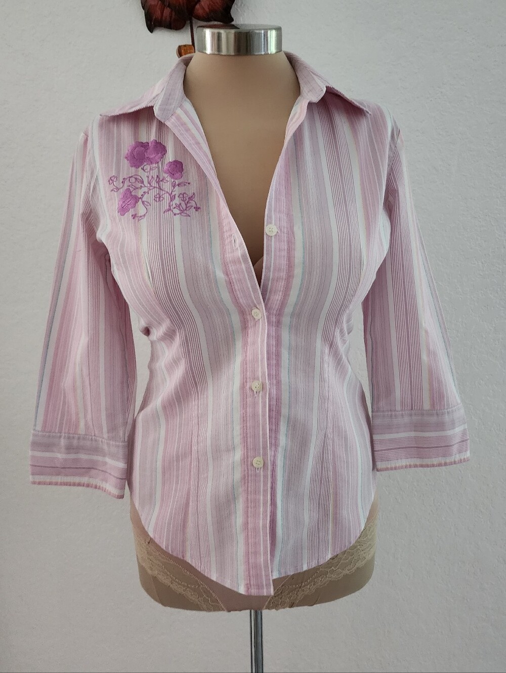 NEW YORK & COMPANY | Pink Striped Womens Button-Up Shirt with Floral Accent